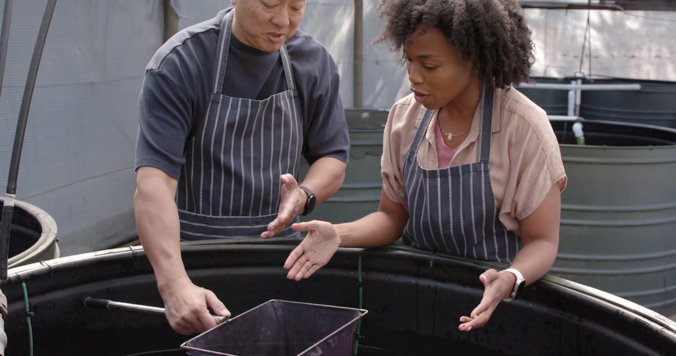 Asian man instructing African-American woman while dipping purple box into black tank, pipe flowing