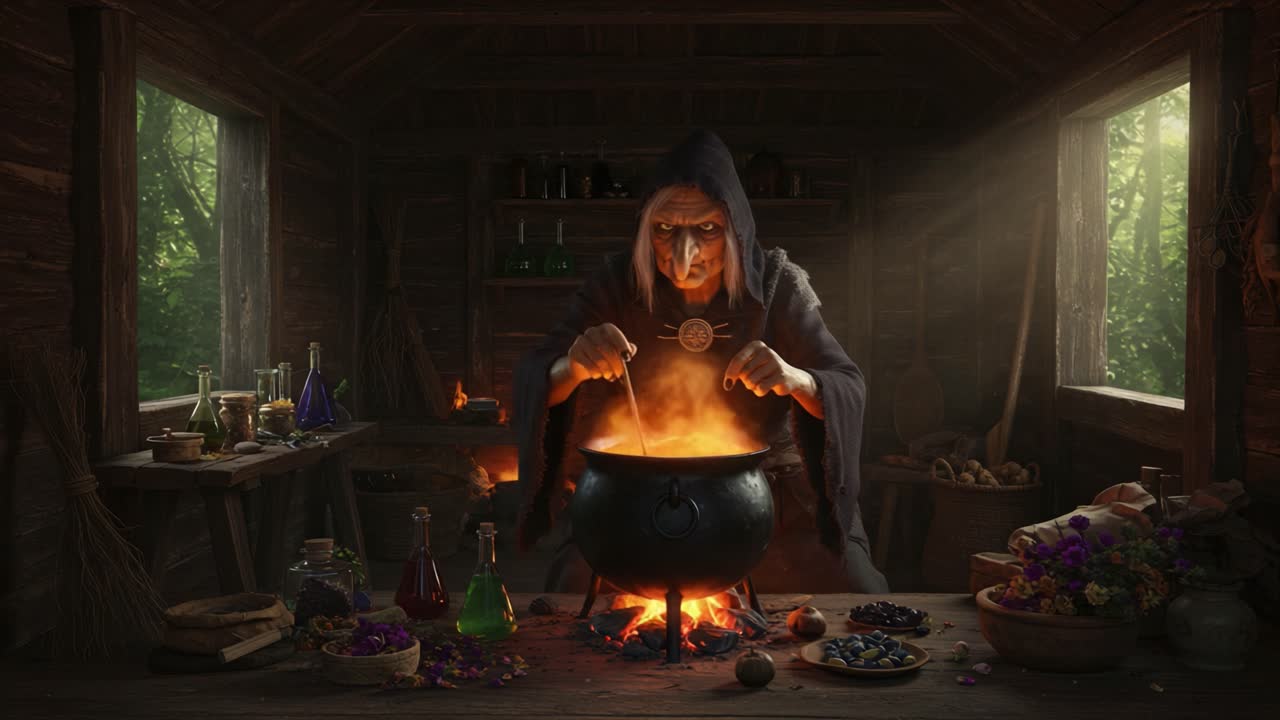 A Mysterious Sorceress Stirs a Potion in a Dimly Lit Forest Cabin, Surrounded by Colorful Ingredients and Enchanted Bottles, Creating an Air of Intrigue and Magic