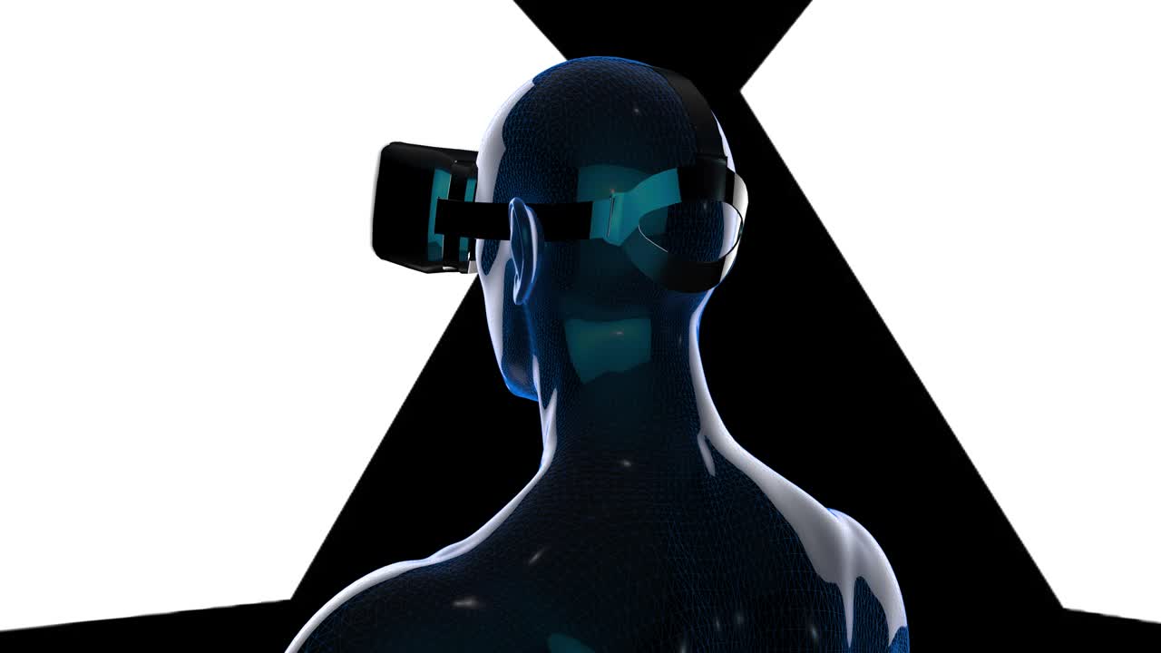 hombre silueta usando dispositivo de realidad virtual (vr), movimiento de movimiento en el mundo 3d digital abstracto.