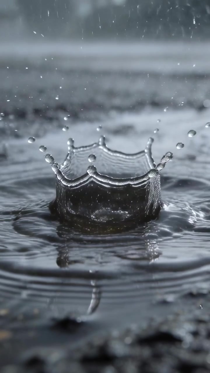 Vidéo verticale: Goutte frappante formant une éclaboussure en couronne sur une flaque, éjectant des gouttes et ondulant sous la pluie