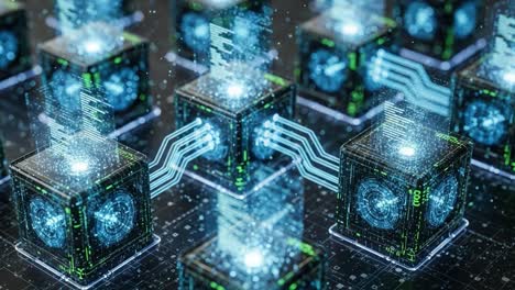 innovative neural network demonstrations featuring interconnected data blocks and visual representations of information flow in a futuristic digital environment