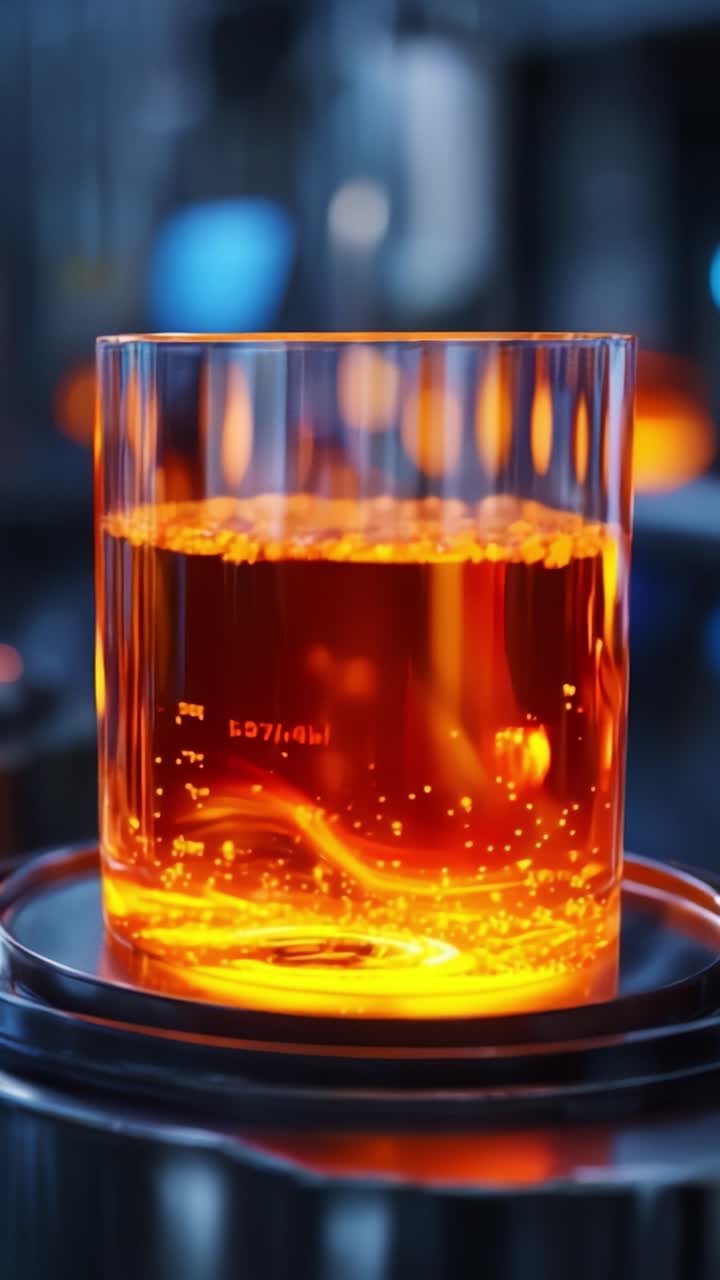 Un contenitore di vetro con un vivido liquido arancione e bolle, che ne mostra la profondità materica e la rifrazione della luce in un ambiente di laboratorio