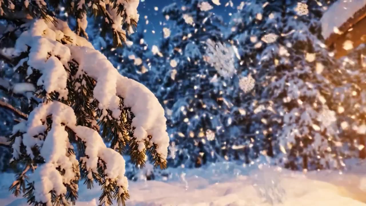 Incantevole Paesaggio Invernale: Una Scena di Foresta Innevata al Crepuscolo con Fiocchi di Neve Scintillanti e un'Atmosfera Serena, Invitando la Bellezza della Natura nel Cuore dell'Inverno