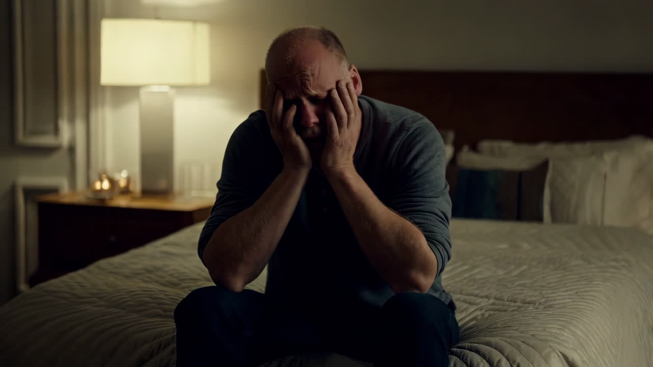 Sad Man Sitting in Bed