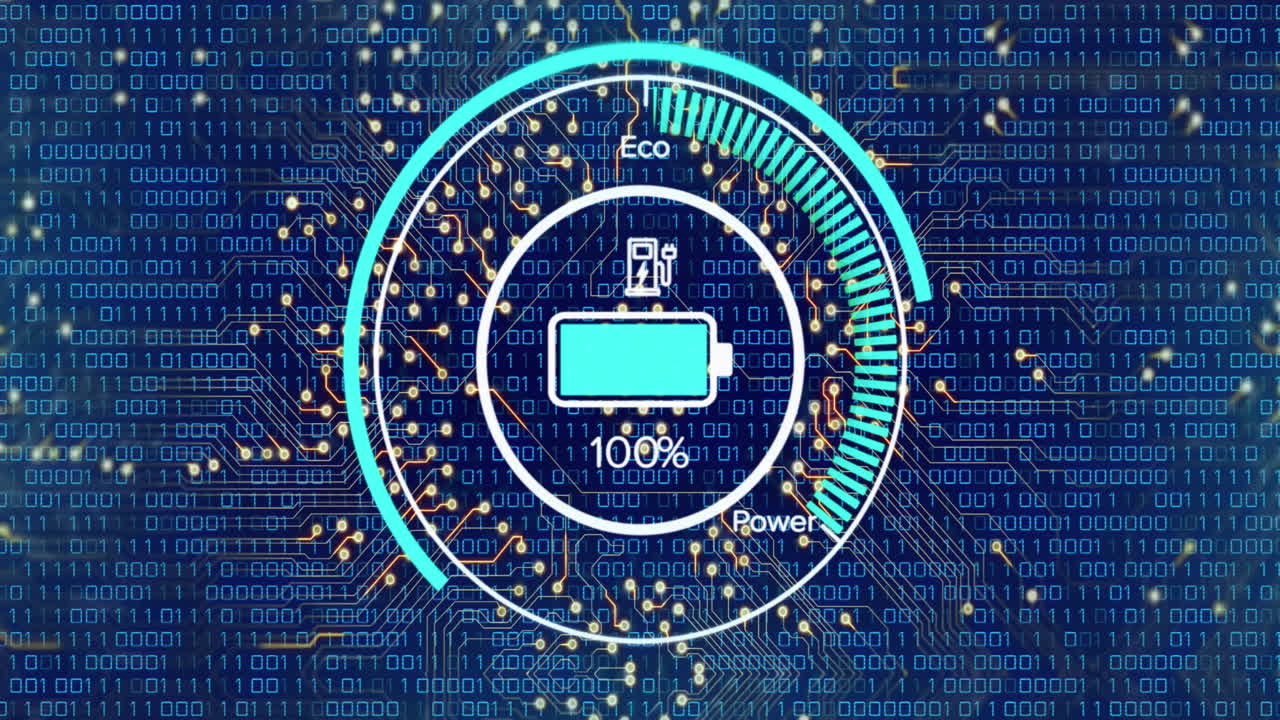 Animation einer Computerplatine mit Datenverarbeitung und Batteriesymbol