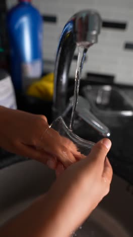 washing a glass under a running tap in a kitchen sink