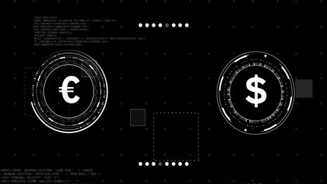 анимация икон валют с обработкой данных на черном фоне