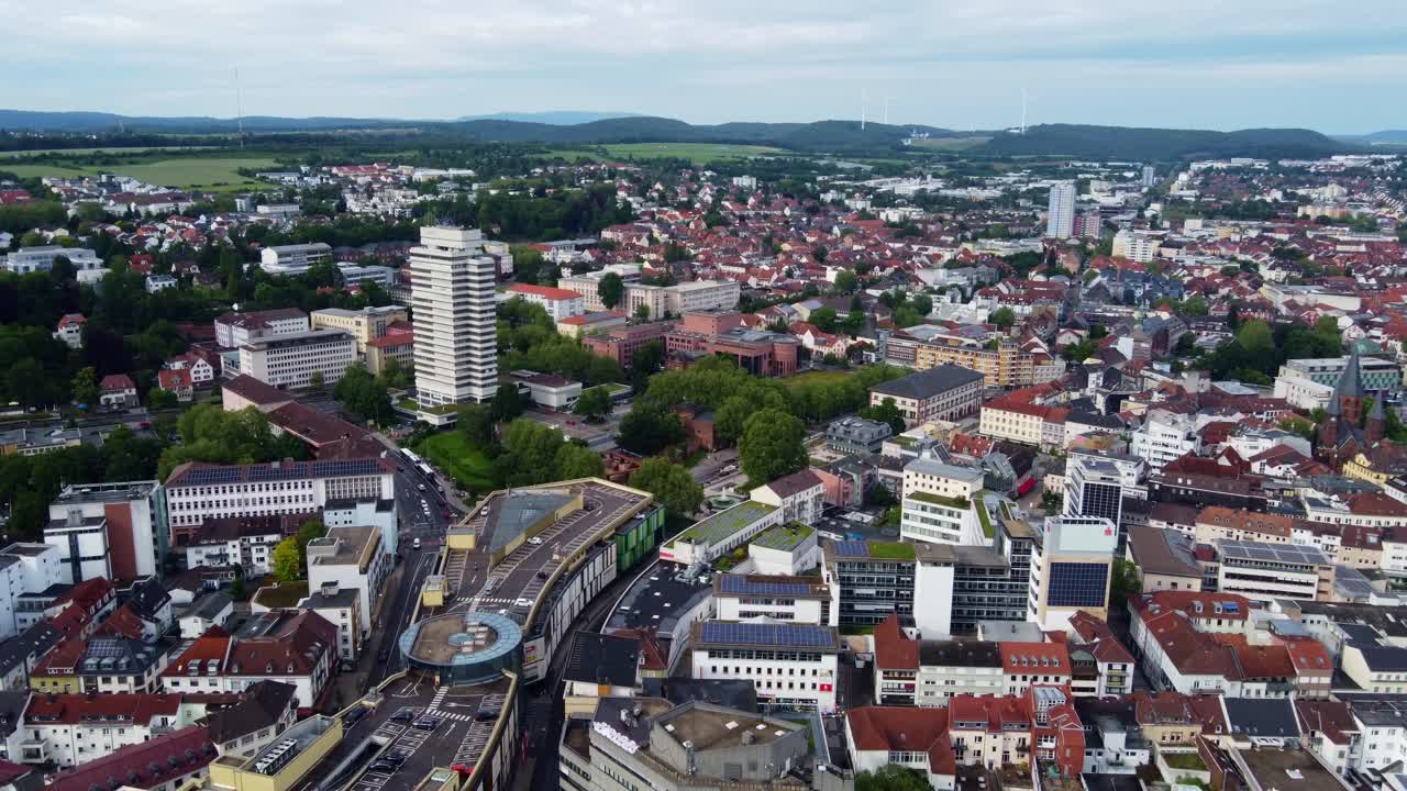 Suburban Town skyline of Kaiserslautern City Center, Drone Forwards Flyover