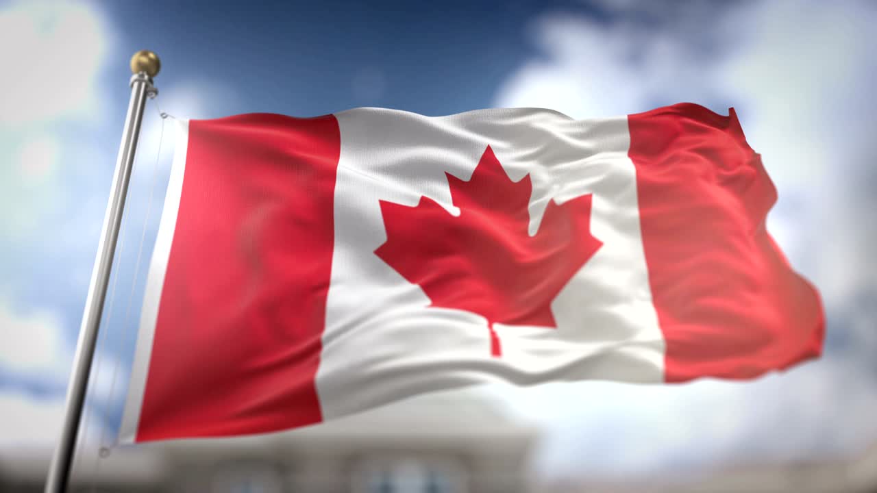 la bandera de canadá ondeando en cámara lenta 3d con fondo de cielo azul - bucle sin costuras 4k