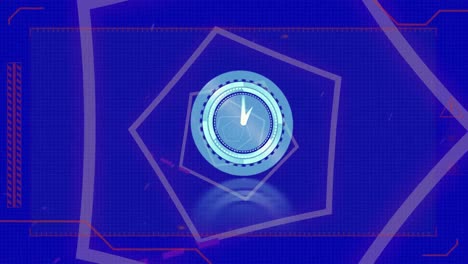 Animation-of-moving-clock-over-pentagons-on-blue-background