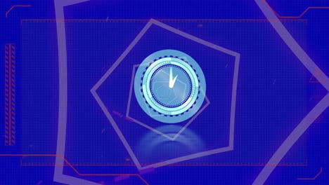 animación de reloj en movimiento sobre pentágonos sobre fondo azul