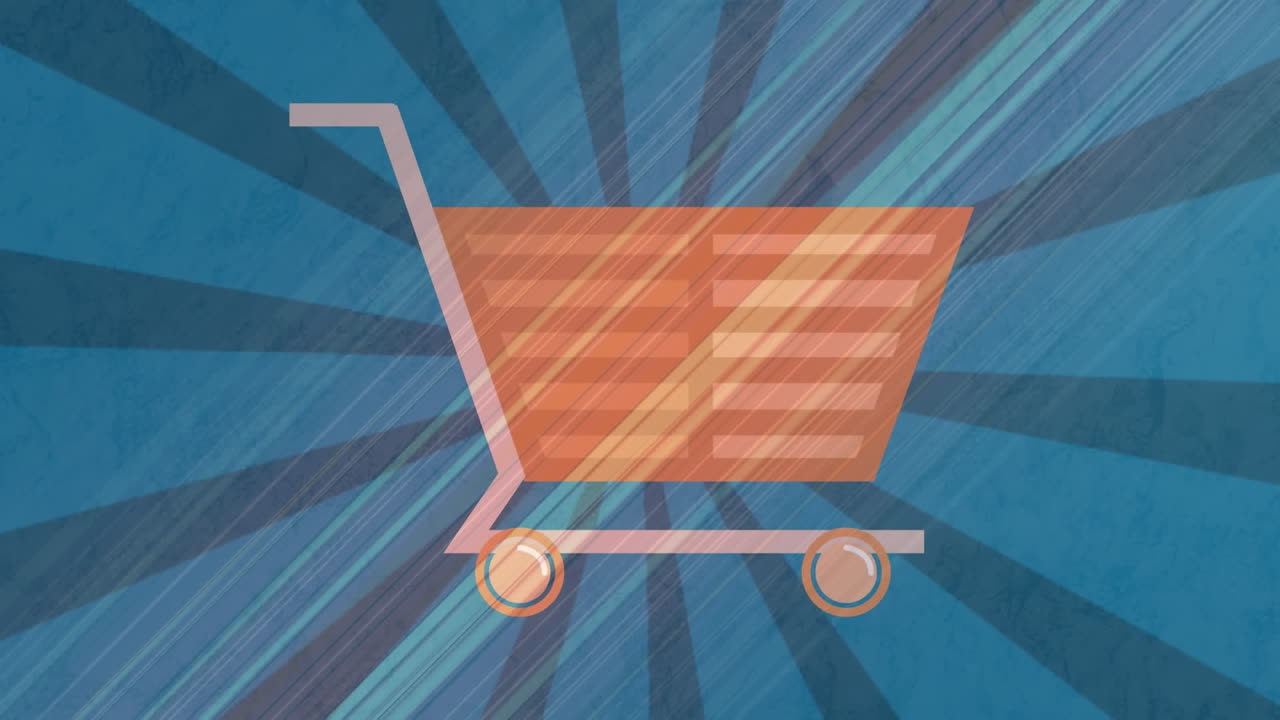 animación de líneas anaranjadas sobre el icono del carrito de compras sobre un fondo a rayas azules