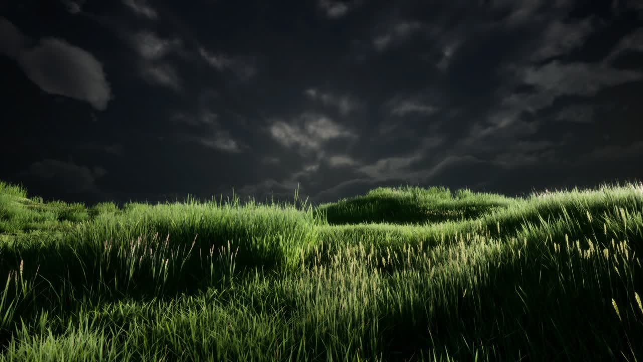 nubes de tormenta sobre el prado con hierba verde