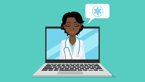 cartoon style, colorful animation of online medical consultations. black female doctor is talking on a laptop screen.