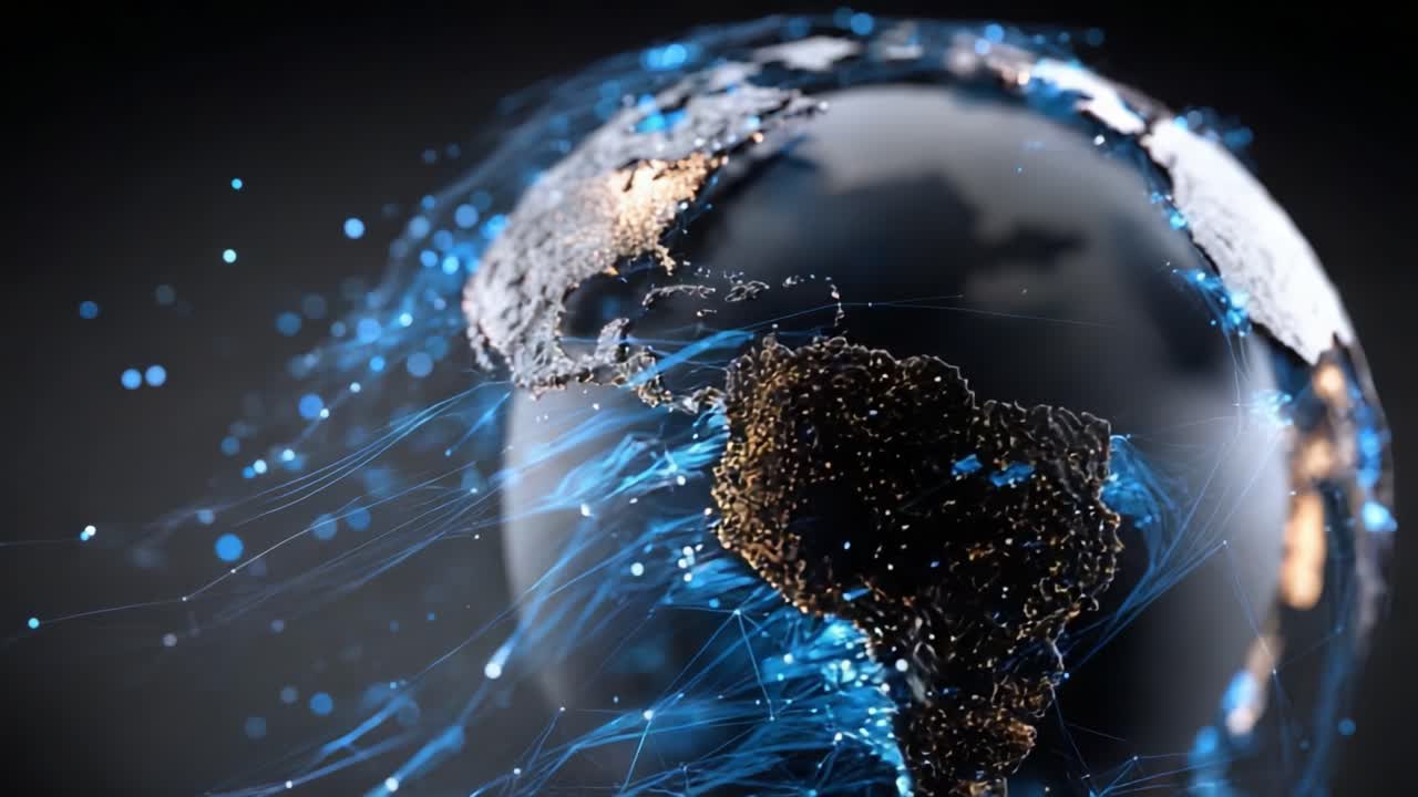 Una Splendida Rappresentazione Digitale della Terra con Connessioni Illiminate che Evidenziano Reti Globali e Innovazione in un Ambiente Scuro