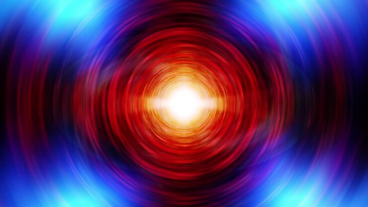Abstract golden optical flare light animation effect with dark blue circle light wave. 4K 3D Loop-able background. Glowing and bright light. Projector of light rays. Abstract radiating golden vortex.