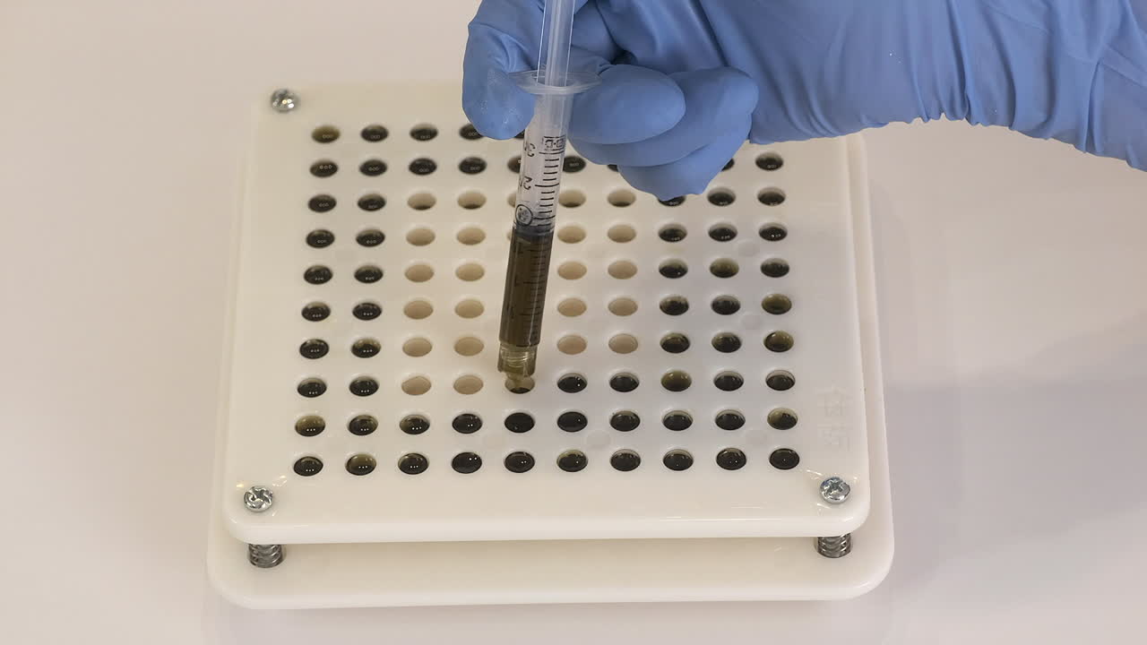 vista superior a medida que el aceite marrón se deja caer en cápsulas a mano con guante azul