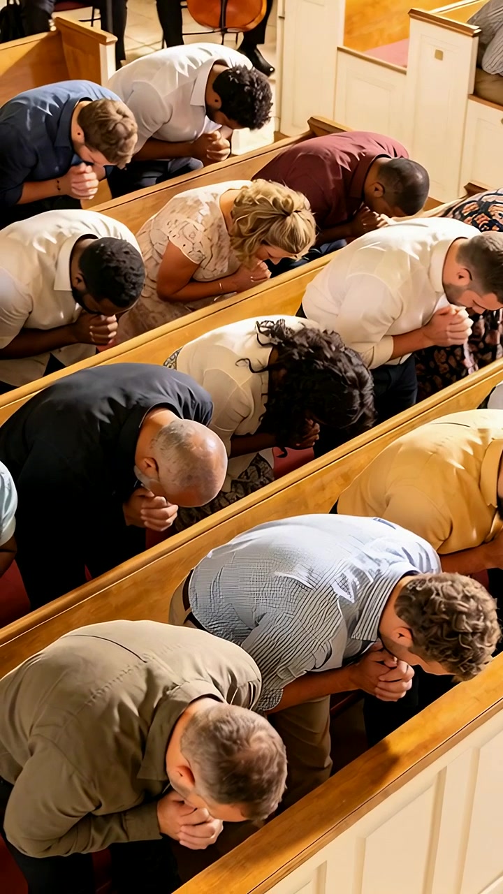 Video vertical: Multitud arrodillada inclinándose después de que el líder invite a la oración en una iglesia, con el bajista en camisa.