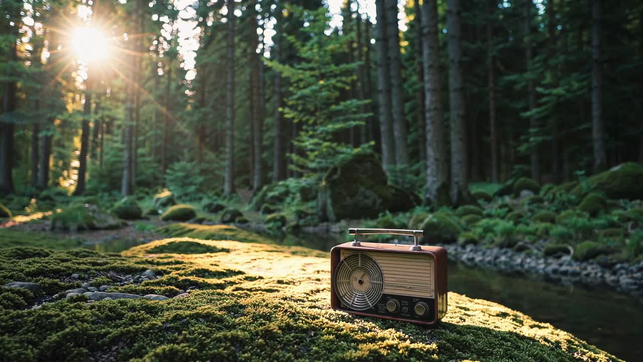 해가 지는 숲 속 의 빈티지 라디오