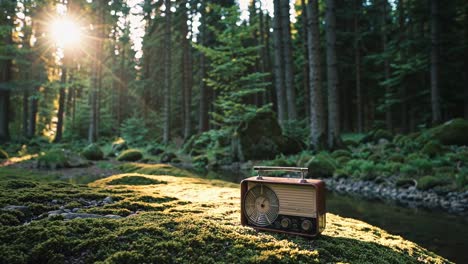 radio vintage en un bosque al atardecer