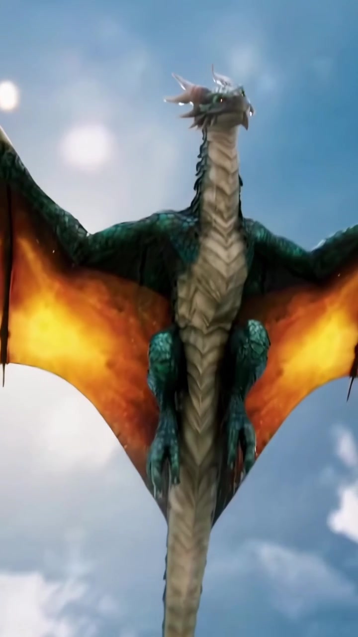 Maestoso Drago Verde in Volo Sopra le Nuvole nel Cielo