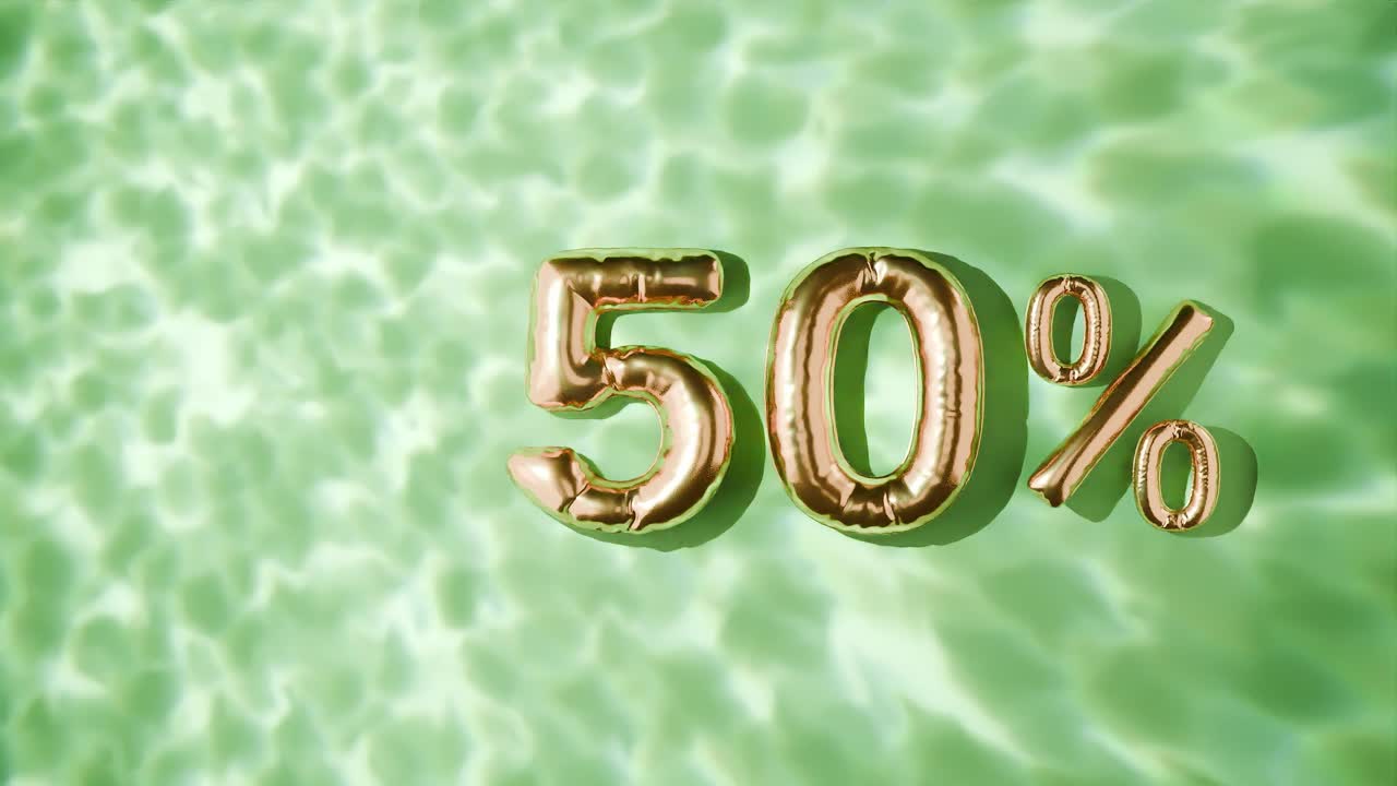 50% dorado flotando por encima de las ondas de agua en fondo verde