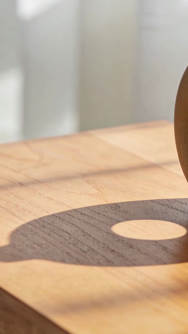Shifting sunlight from window casting ring shadow on wooden table, rounded object right, copy space