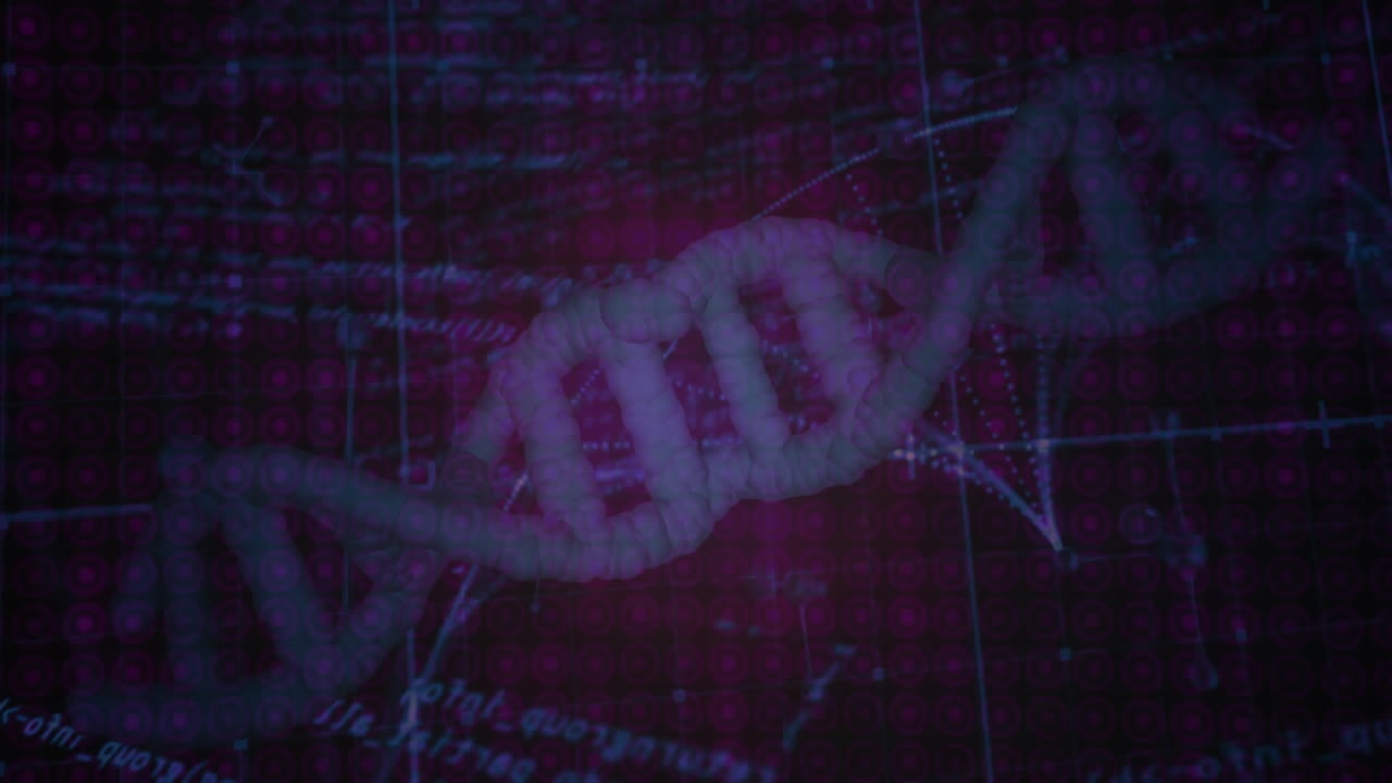 Animation of DNA strand with mathematical equations on digital grid background
