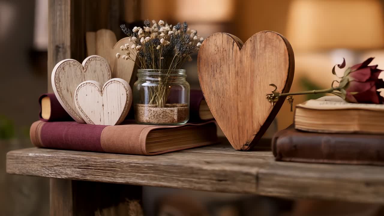 Panning camera along rustic shelf, showing wooden heart and books with dried rose, shifting focus