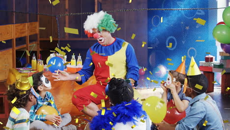 animation of confetti falling over clown and children having fun at party