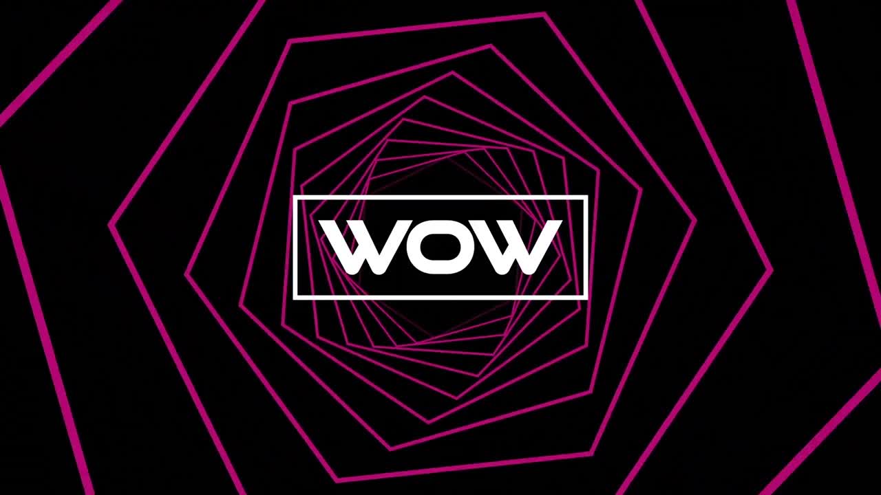 육각형과 검은색 배경으로 만든 터널 위의 와우의 애니메이션