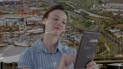 animation of caucasian businesswoman using tablet and network of connections over cityscape