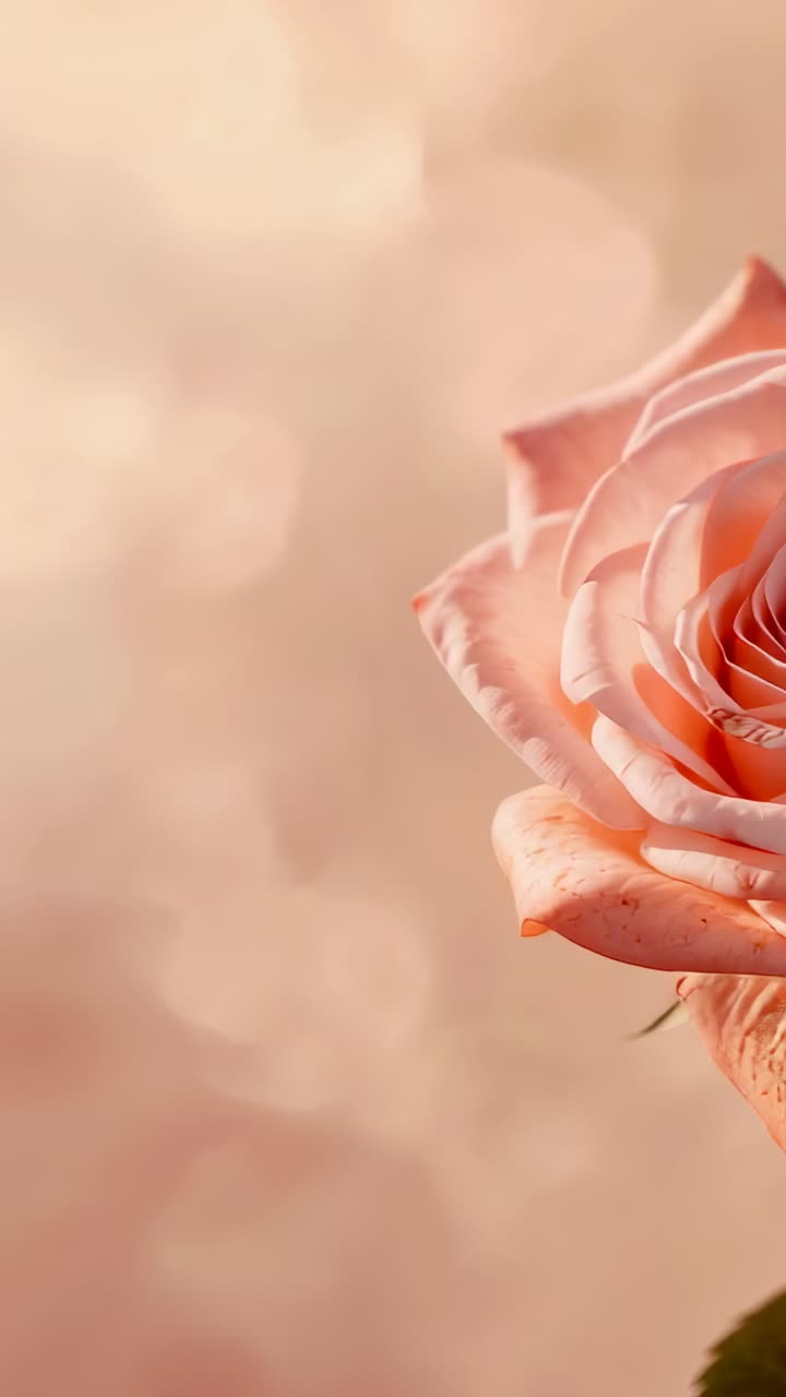 Video verticale: carrellata che rivela una rosa rosa in uno studio color pesca con effetto bokeh che mostra i petali, spazio per il testo