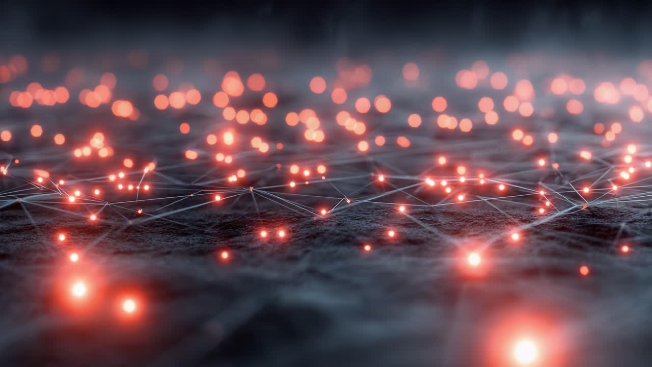 A captivating exploration of interconnected luminous nodes and delicate lines against a misty background, illustrating a network of vibrant, glowing particles creating an ethereal atmosphere