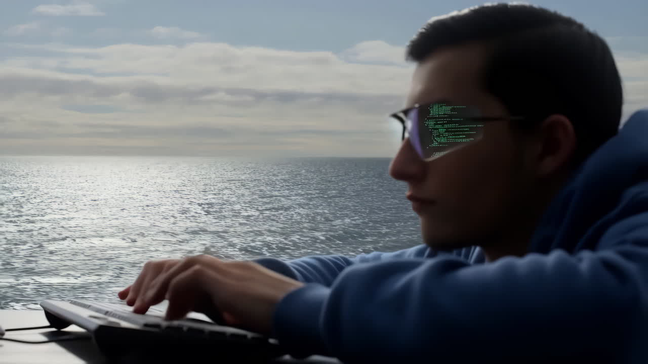 Man coding with augmented reality glasses by the ocean
