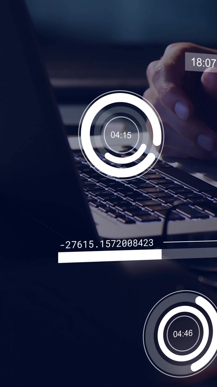 Vertical video: Male hands typing keys, starting HUD timers and filling bar for task timing in tech