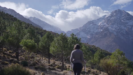 Mujer-Caminando-En-Un-Bosque-Con-Una-Pintoresca-Cumbre-De-Montaña-Nevada-En-El-Fondo