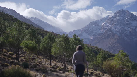 Woman-hiking-in-a-forest-with-a-picturesque-snowy-mountain-summit-in-the-background