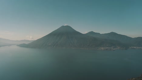 drone aerial view of lake atitlan, beautiful san pedro volcano panoramic, guatemala