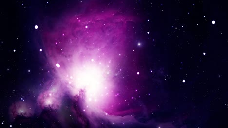 a camera slowly moving throughout space towards the pink and purple orion nebula constellation, one of the brightest nebulae in the milky way