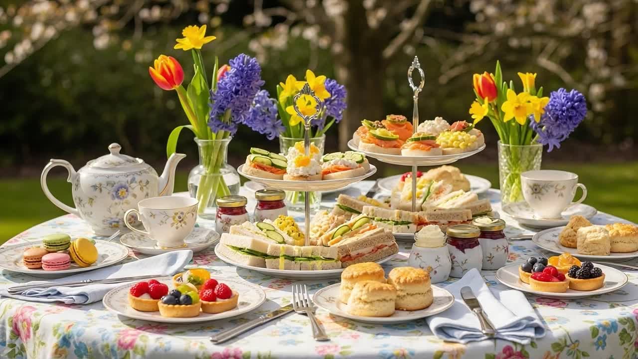 A Beautifully Arranged Afternoon Tea Setting Featuring Colorful Flowers, Exquisite Sandwiches, Delectable Pastries, and Elegant Tableware for a Perfect Spring Gathering
