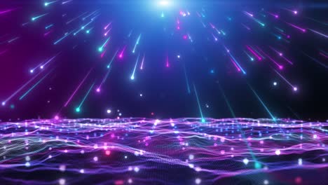 Blue and pink purple meteor shower falls down with glittering particles over glow ocean wave abstract stage background. 3D rendering.