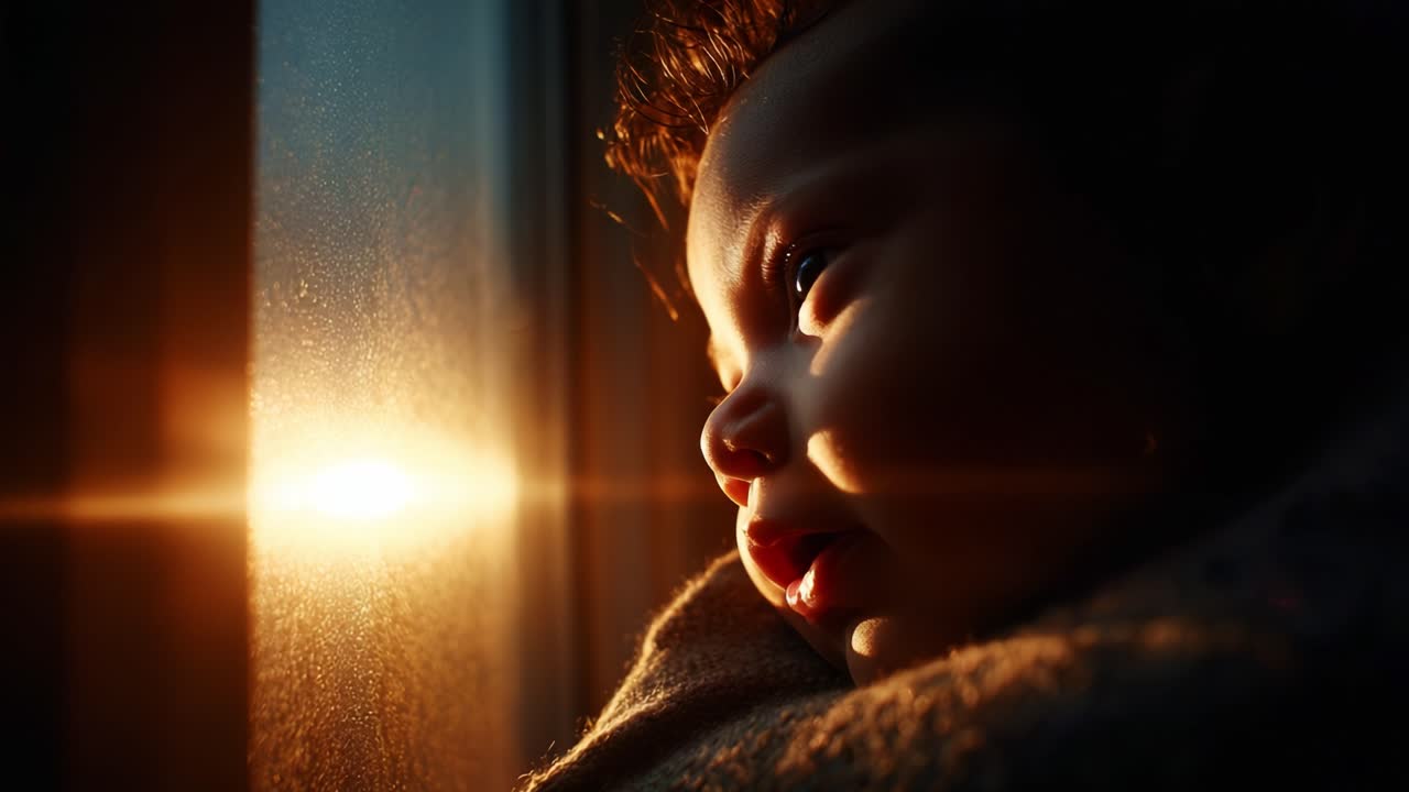 A Serene Journey of a Child's Innocence: Captured in Two Frames, This Video Illustrates the Awakening Wonder of a Baby Gazing at the Morning Sunlight through a Window