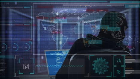 animation of a hacker hooded man over a computer displaying information, world map marks red zones