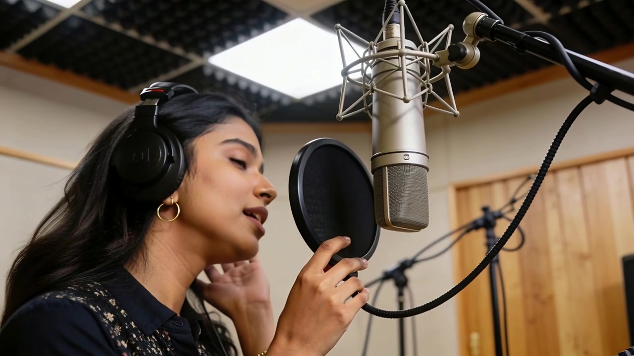 Vocalist indiano con top scuro che si prepara, regola le cuffie, tiene un filtro anti-pop e registra in un microfono da studio
