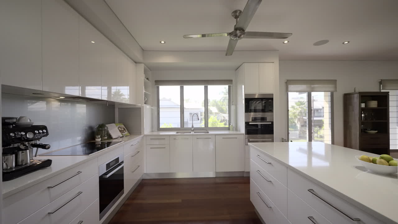 Contemporary home, kitchen, dining room into living room