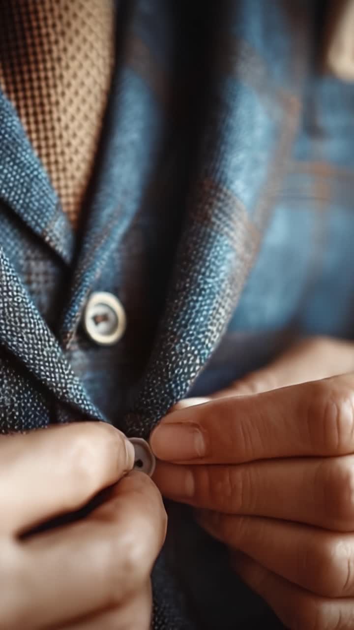 Close-up tangan mengancingkan kancing pada blazer kotak-kotak biru stylish, menampilkan perhatian terhadap detail dan personalisasi fesyen.