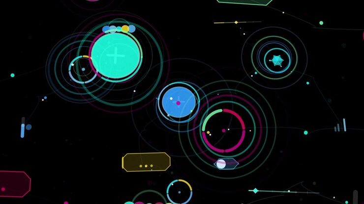 On load center cyan-blue HUD circles pulsing, magenta ring rotating, dots collecting showing flow
