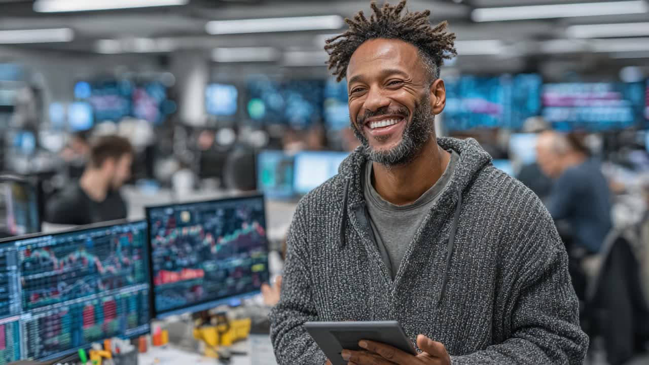 Confident Professional in Modern Office Environment Engaging with Technology and Data Analysis, Smiling with a Tablet Surrounded by Stock Market Screens