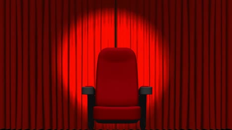 animation of lights and chair over red curtain opening in theater